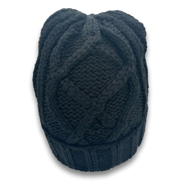 Black Thick Warm Knit Beanie Long Cuffed With Flower Accent Fall Winter Snow Hat - Picture 4 of 7